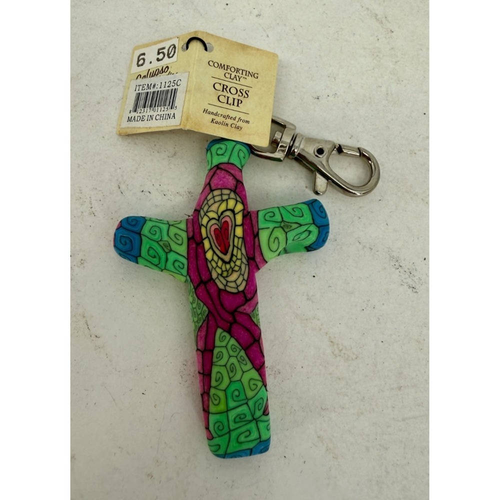 Handmade Polymer Clay Cross Keychain Clip Colorful Mosaic Heart Religious Gift